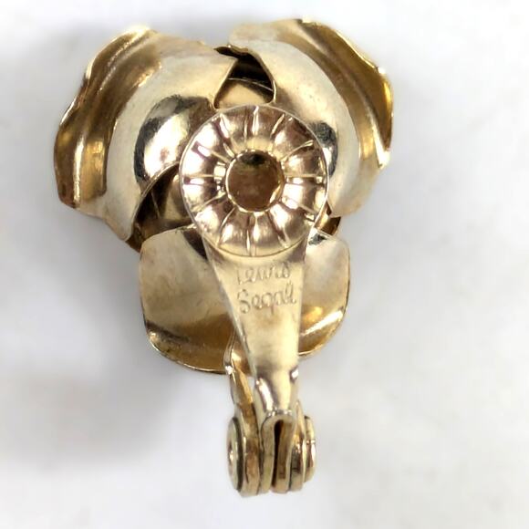 Vtg Clip-On Earrings Lewis Segal Signed Gold Tone Rose Amber Rhinestones Flower - Picture 5 of 6